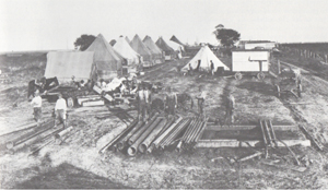 Canvas-topped dwellings of drilling crews formed the nucleus of a  tent town near Blue Ridge,  Texas, in about 1920. 