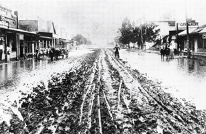 Muddy roads hindered early travel in downtown Rosenberg, as evident in this view of Main Street in the early 1900s.