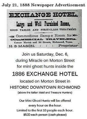A July 1888 newspaper advertisement for Mini Ghost Hunts at the Exchange Hotel.