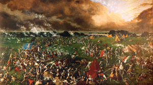 Henry Arthur McArdle’s 1895 painting Battle of San Jacinto depicts a detailed panorama of the battle.