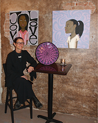 Kolkmeier’s vast variety of art includes Kelly and La Shaniqua acrylic on canvas paintings from her Butterfly Girls series and beautiful ceramic platters.
