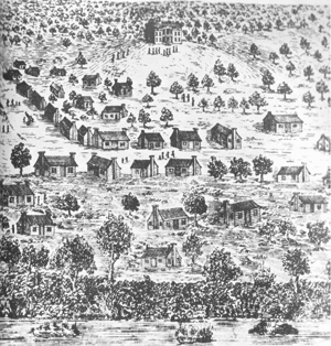 The imposing structure on the hill was President Lamar’s house near Congress Avenue in Austin. 